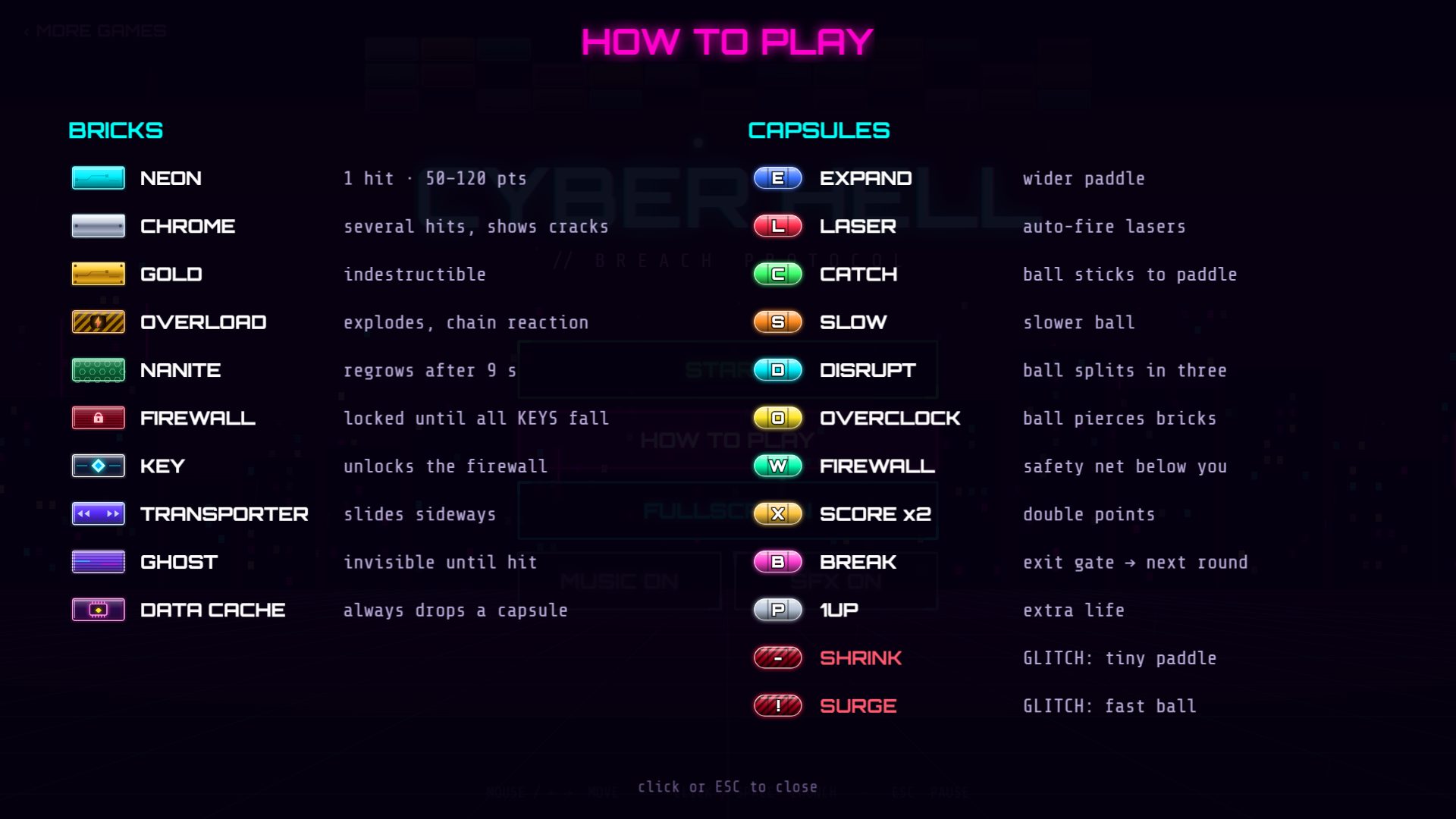 Ekran „How to play” w grze – wszystkie kafle i kapsuły